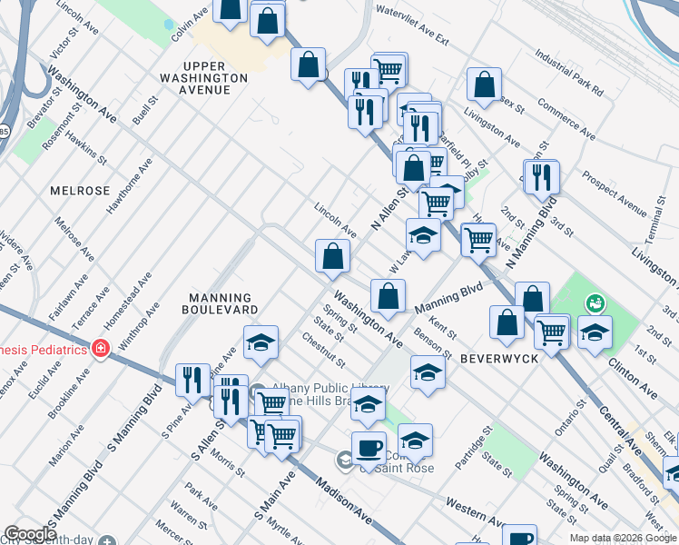 map of restaurants, bars, coffee shops, grocery stores, and more near Manning Boulevard & North Allen Street in Albany