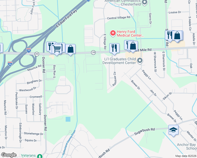 map of restaurants, bars, coffee shops, grocery stores, and more near 23 Mile Road in Chesterfield