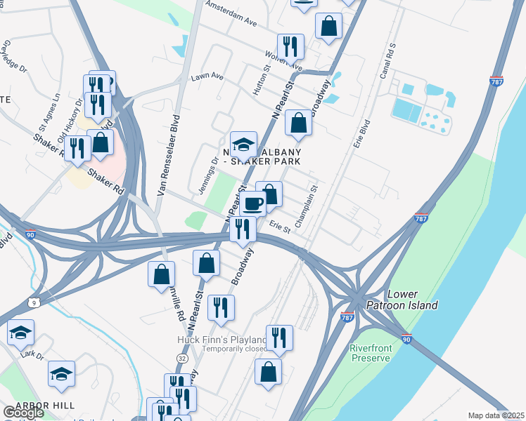 map of restaurants, bars, coffee shops, grocery stores, and more near 1233 Broadway in Menands
