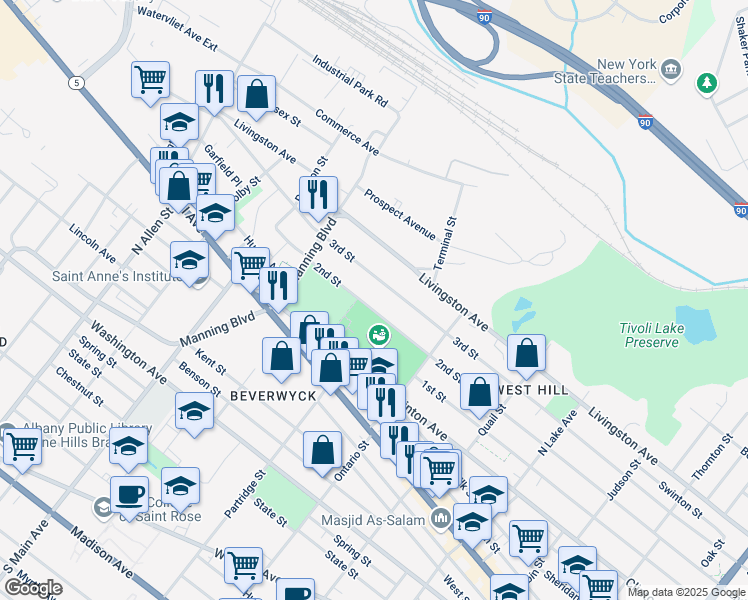 map of restaurants, bars, coffee shops, grocery stores, and more near 573 3rd Street in Albany
