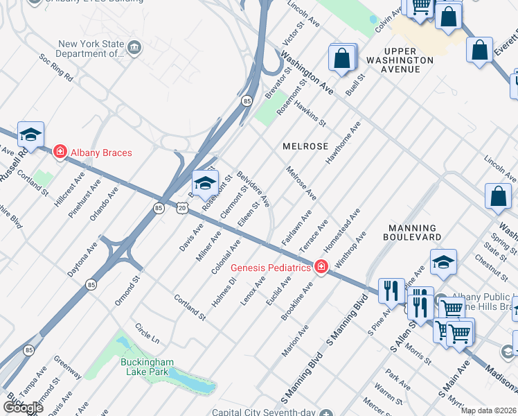 map of restaurants, bars, coffee shops, grocery stores, and more near 29 Belvidere Avenue in Albany