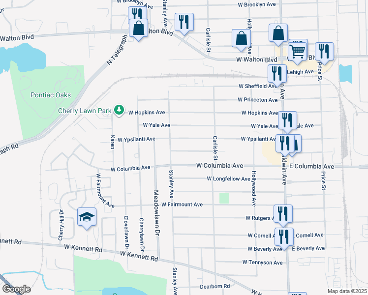 map of restaurants, bars, coffee shops, grocery stores, and more near 224 West Ypsilanti Avenue in Pontiac