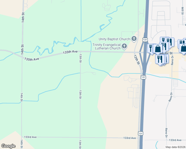 map of restaurants, bars, coffee shops, grocery stores, and more near 1270 135th Avenue in Wayland