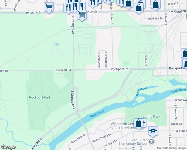 map of restaurants, bars, coffee shops, grocery stores, and more near 2206 Rockport Road in Janesville