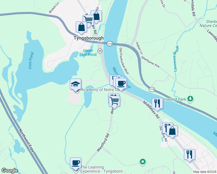 map of restaurants, bars, coffee shops, grocery stores, and more near 1 Westford Road in Tyngsborough