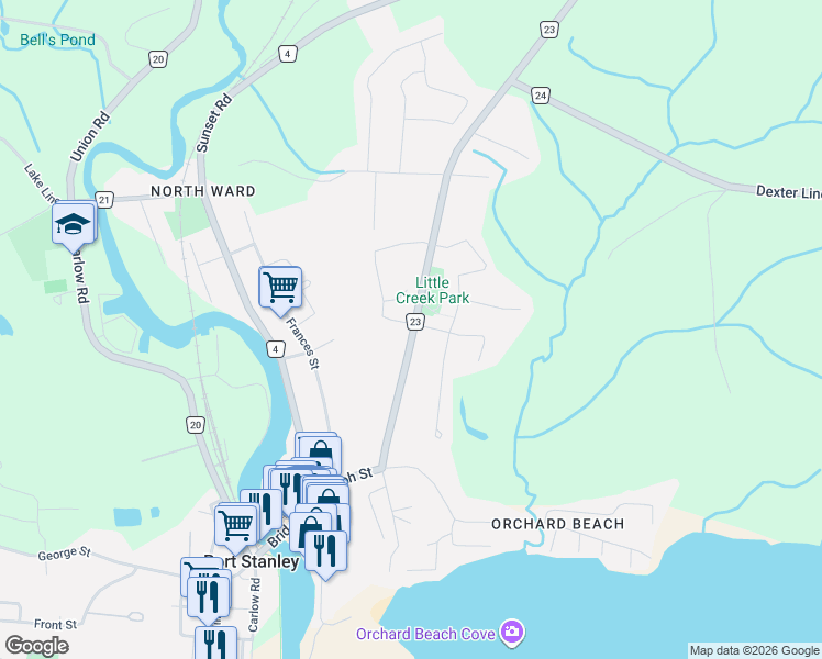 map of restaurants, bars, coffee shops, grocery stores, and more near in Port Stanley