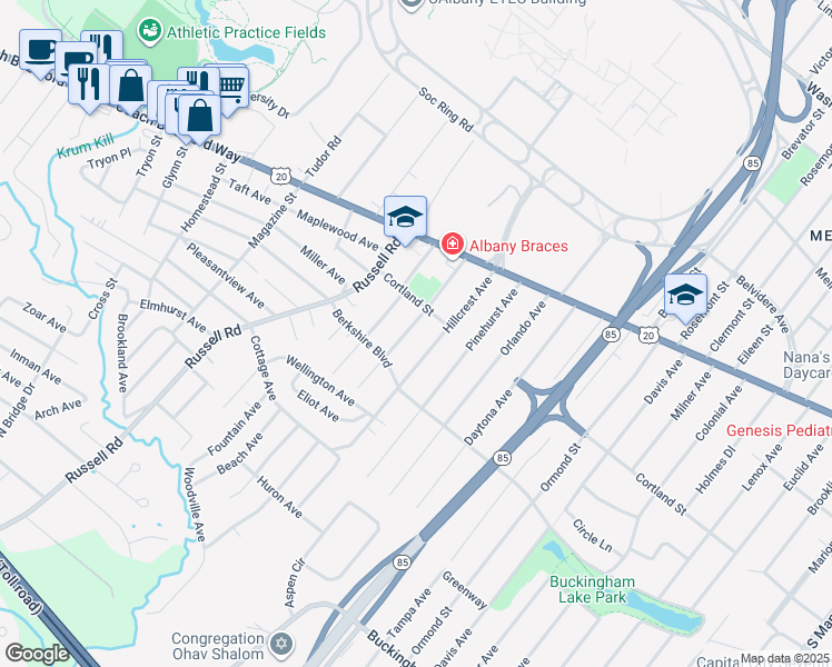 map of restaurants, bars, coffee shops, grocery stores, and more near 8 Adirondack Street in Albany