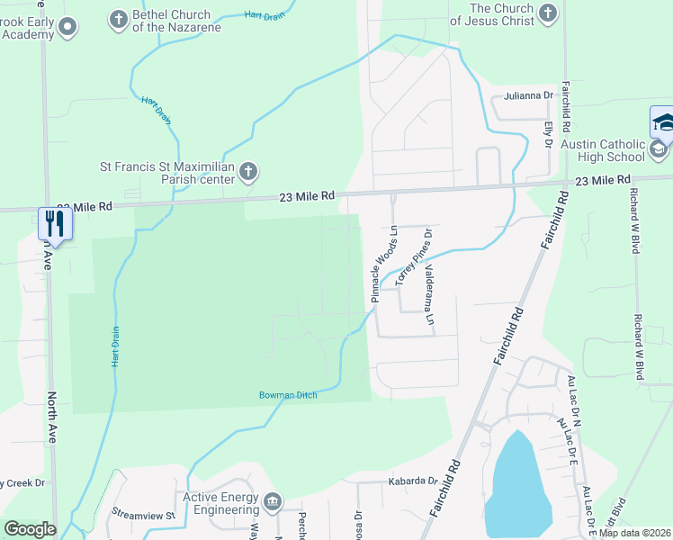 map of restaurants, bars, coffee shops, grocery stores, and more near 24210 23 Mile Rd in Macomb