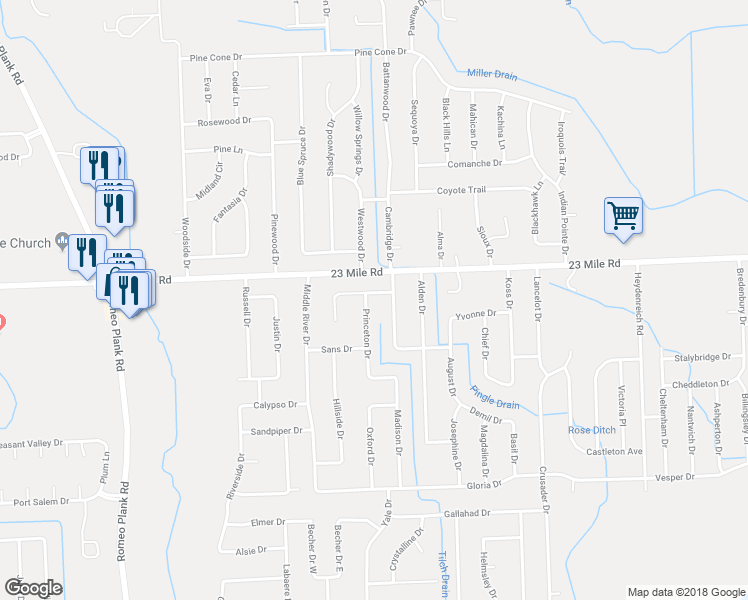 map of restaurants, bars, coffee shops, grocery stores, and more near 50850 Princeton Drive in Macomb