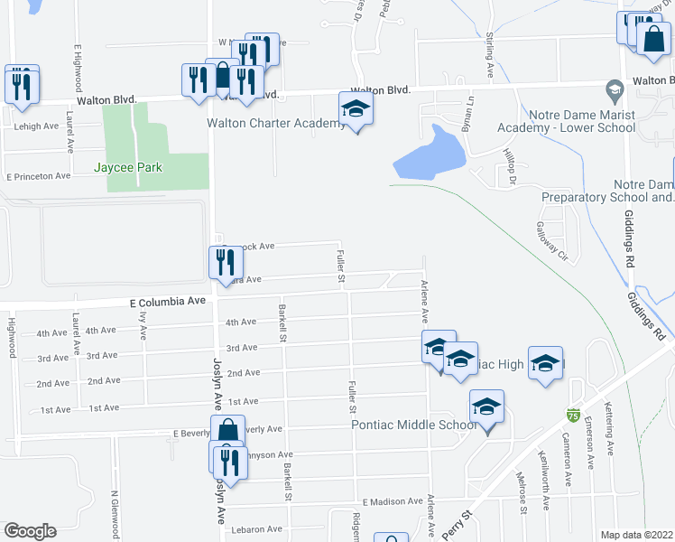 map of restaurants, bars, coffee shops, grocery stores, and more near 699 Clara Avenue in Pontiac