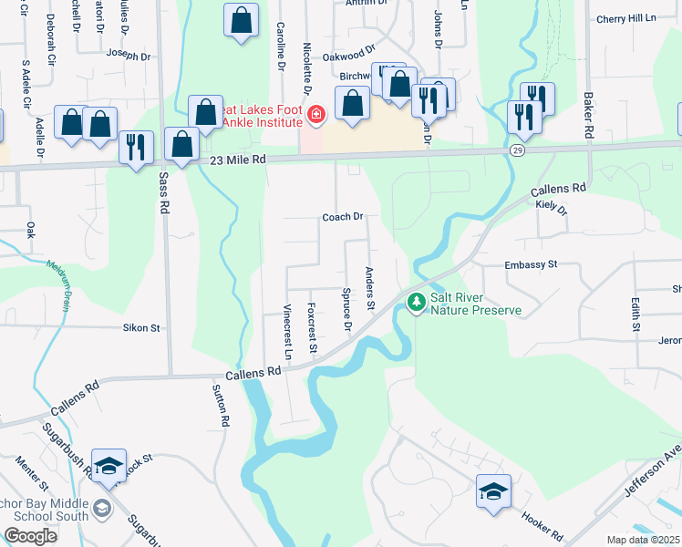 map of restaurants, bars, coffee shops, grocery stores, and more near 50544 Leeward Drive in New Baltimore