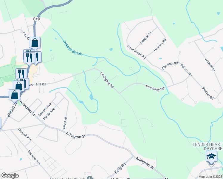 map of restaurants, bars, coffee shops, grocery stores, and more near 57 Lexington Road in Dracut