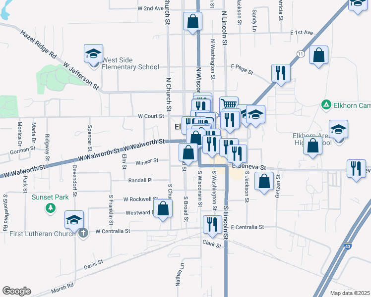 map of restaurants, bars, coffee shops, grocery stores, and more near 9 South Broad Street in Elkhorn