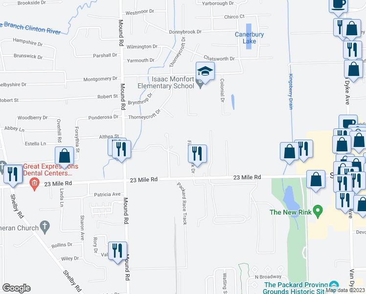 map of restaurants, bars, coffee shops, grocery stores, and more near 51263 Fischer Park Drive in Macomb County