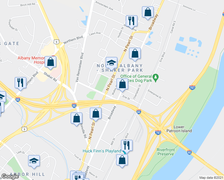 map of restaurants, bars, coffee shops, grocery stores, and more near 35 Walter Street in Albany