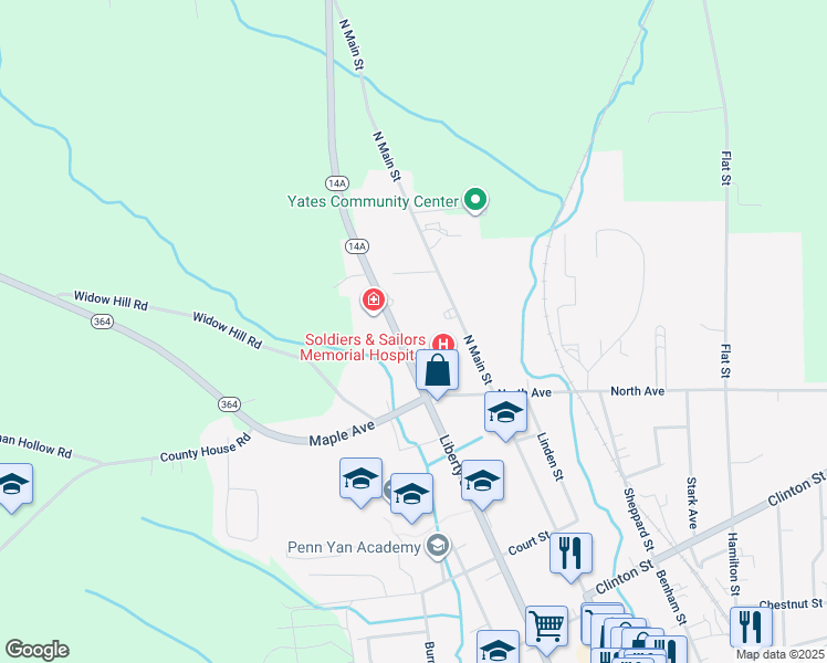 map of restaurants, bars, coffee shops, grocery stores, and more near 675 Liberty Street in Penn Yan