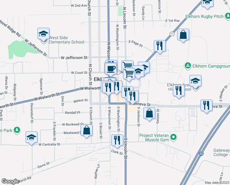 map of restaurants, bars, coffee shops, grocery stores, and more near 100-102 East Walworth Street in Elkhorn