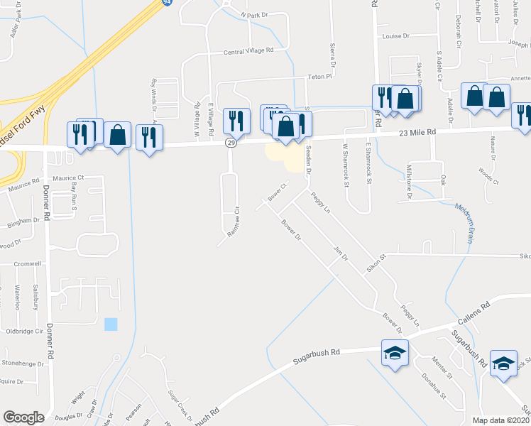 map of restaurants, bars, coffee shops, grocery stores, and more near 50753 Bower Drive in New Baltimore
