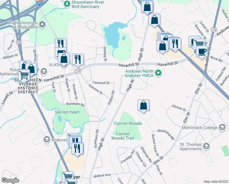 map of restaurants, bars, coffee shops, grocery stores, and more near 49 Dufton Road in Andover