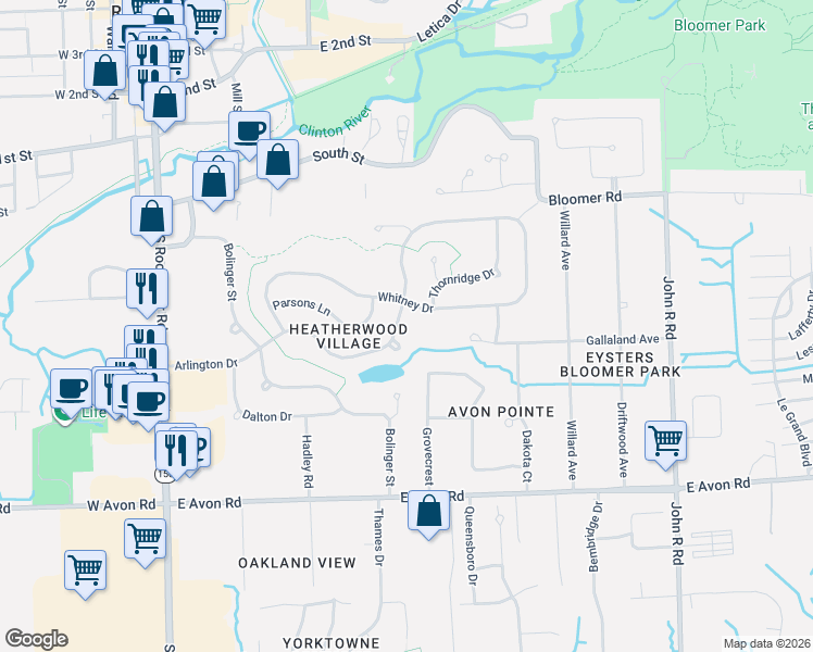 map of restaurants, bars, coffee shops, grocery stores, and more near 393 Arlington Drive in Rochester Hills