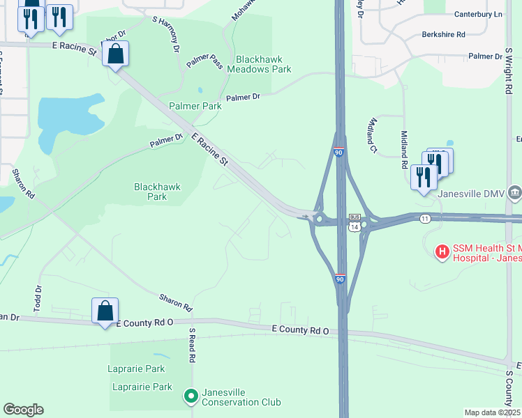 map of restaurants, bars, coffee shops, grocery stores, and more near 2696 East Racine Street in Janesville