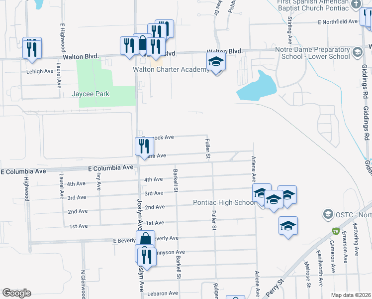 map of restaurants, bars, coffee shops, grocery stores, and more near 640 Peacock Avenue in Pontiac