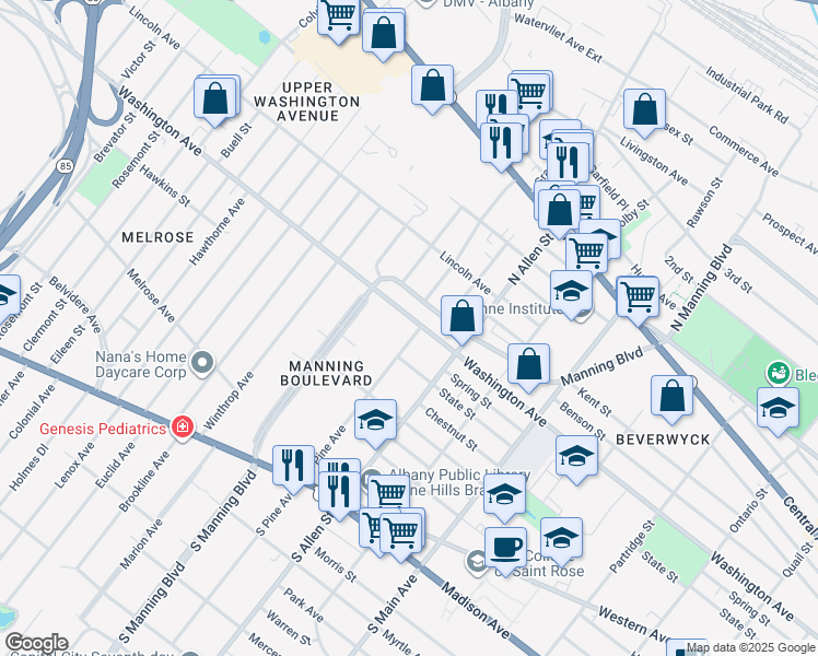 map of restaurants, bars, coffee shops, grocery stores, and more near 253 Manning Boulevard in Albany