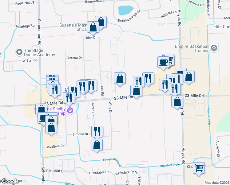 map of restaurants, bars, coffee shops, grocery stores, and more near 14441 23 Mile Road in Shelby Charter Township