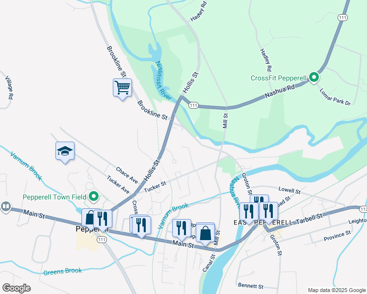 map of restaurants, bars, coffee shops, grocery stores, and more near 7 Groton Street in Pepperell