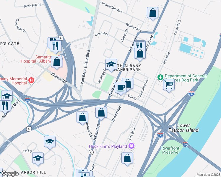 map of restaurants, bars, coffee shops, grocery stores, and more near 41 North 1st Street in Menands