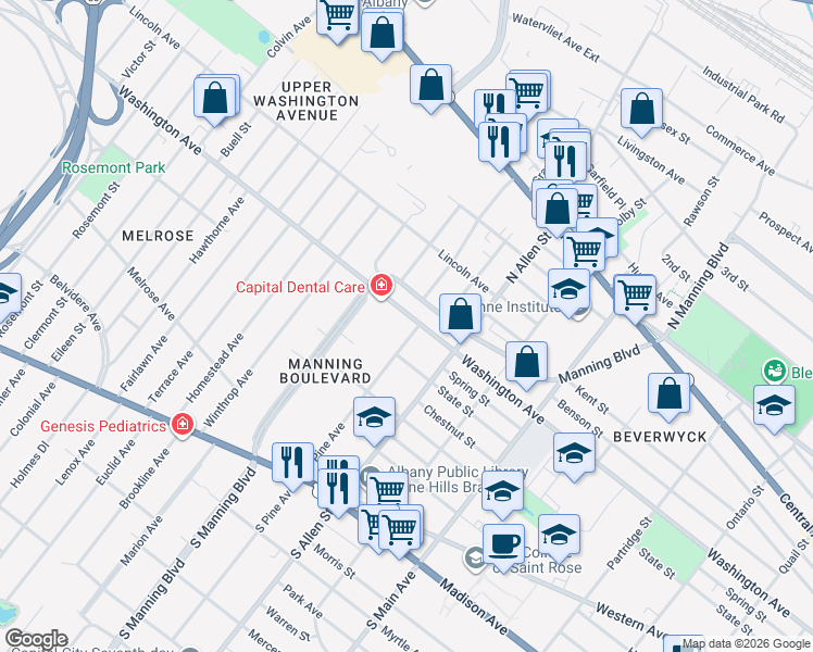 map of restaurants, bars, coffee shops, grocery stores, and more near 253 Manning Boulevard in Albany