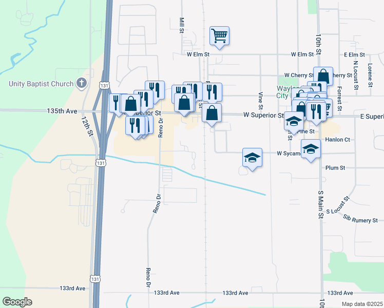 map of restaurants, bars, coffee shops, grocery stores, and more near 1115 Eagle Drive in Wayland