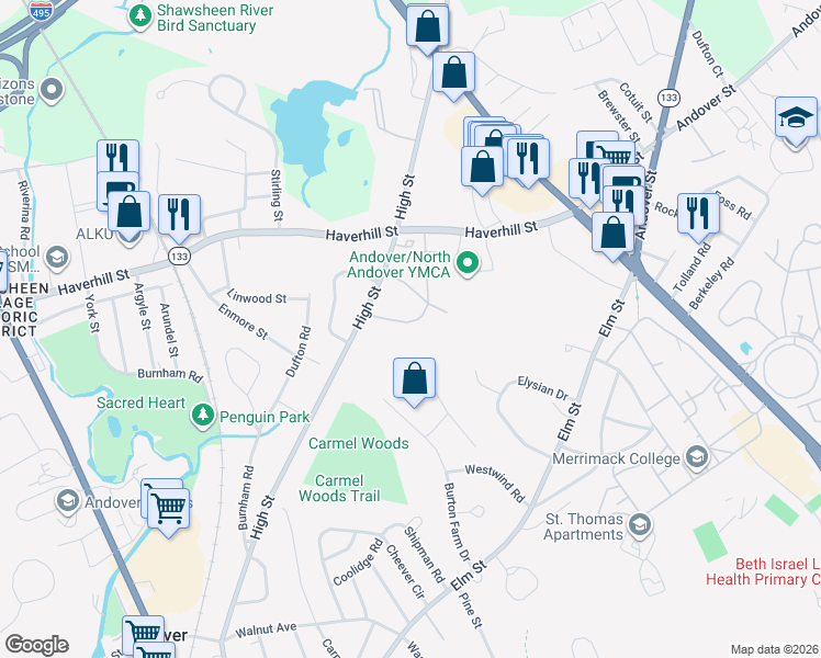 map of restaurants, bars, coffee shops, grocery stores, and more near 12 Longwood Drive in Andover