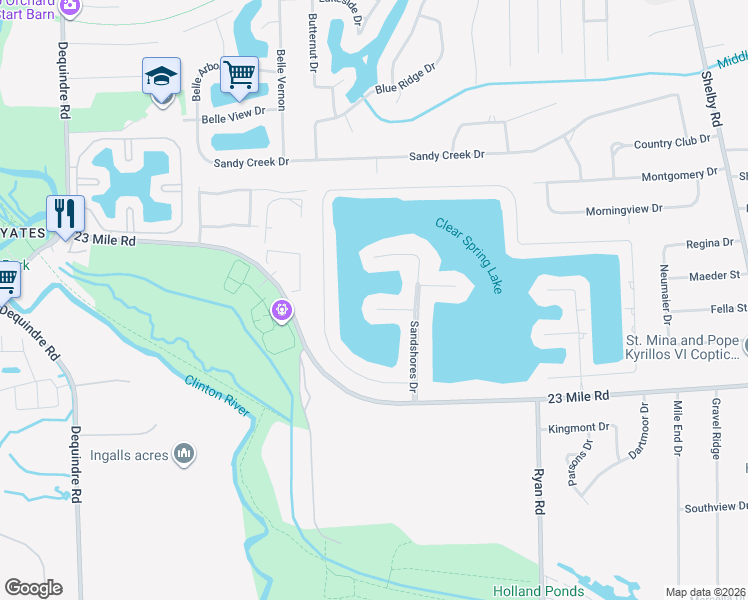 map of restaurants, bars, coffee shops, grocery stores, and more near 3259 Sandy Point in Macomb County