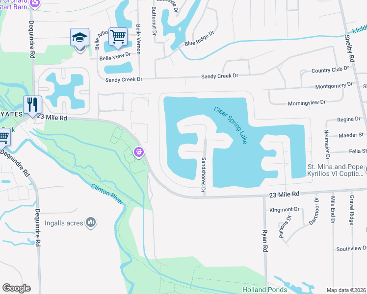map of restaurants, bars, coffee shops, grocery stores, and more near 3259 Sandy Point in Macomb County
