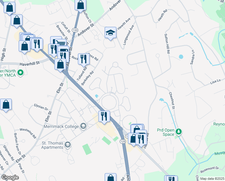 map of restaurants, bars, coffee shops, grocery stores, and more near 50 Royal Crest Drive in North Andover
