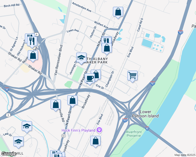 map of restaurants, bars, coffee shops, grocery stores, and more near 1215 Broadway in Menands