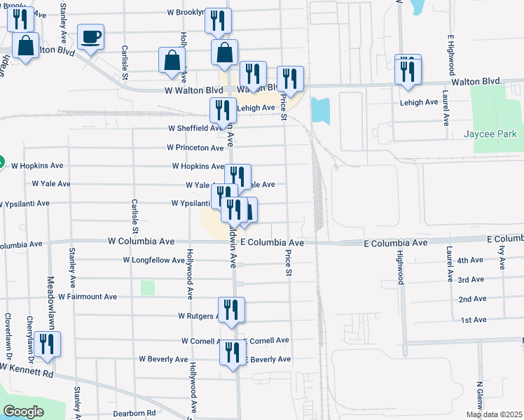map of restaurants, bars, coffee shops, grocery stores, and more near 69 East Ypsilanti Avenue in Pontiac