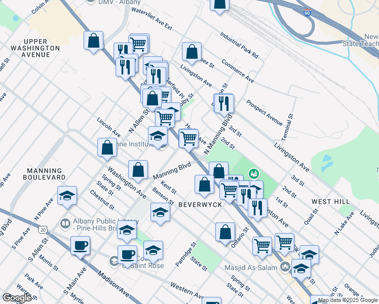 map of restaurants, bars, coffee shops, grocery stores, and more near 576 Central Avenue in Albany