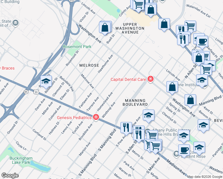 map of restaurants, bars, coffee shops, grocery stores, and more near 112 Homestead Avenue in Albany