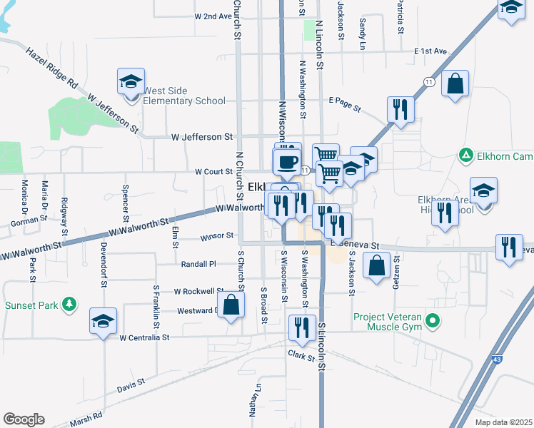 map of restaurants, bars, coffee shops, grocery stores, and more near 9 South Broad Street in Elkhorn