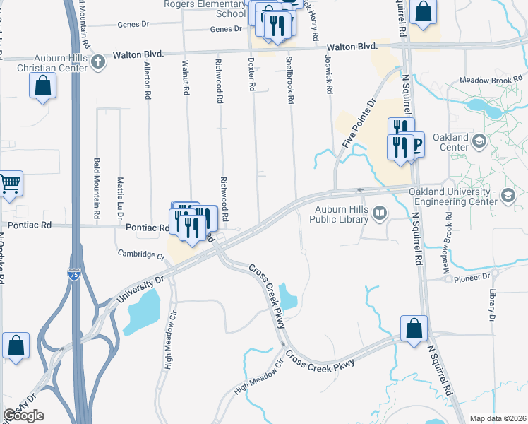 map of restaurants, bars, coffee shops, grocery stores, and more near 3005 University Drive in Auburn Hills