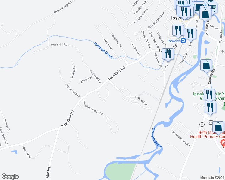 map of restaurants, bars, coffee shops, grocery stores, and more near 101 Colonial Drive in Ipswich
