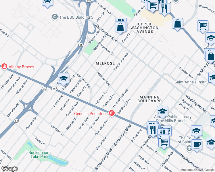 map of restaurants, bars, coffee shops, grocery stores, and more near 65 Melrose Avenue in Albany