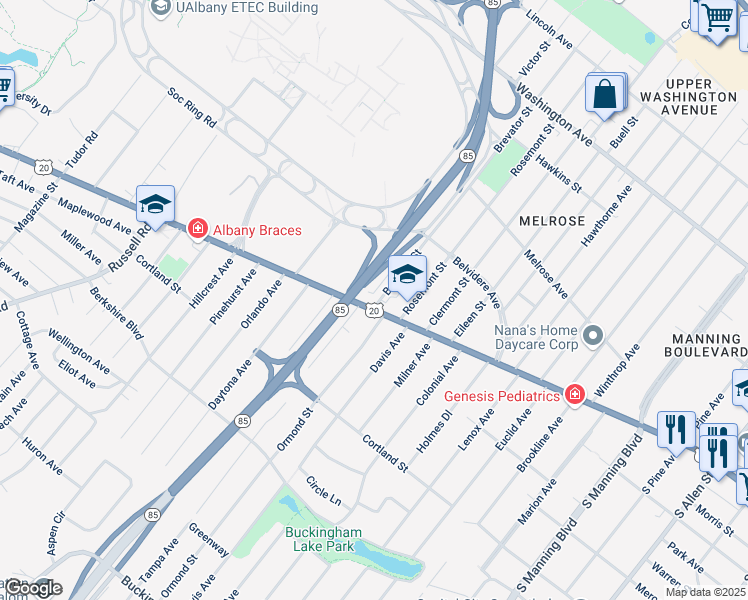 map of restaurants, bars, coffee shops, grocery stores, and more near in Albany