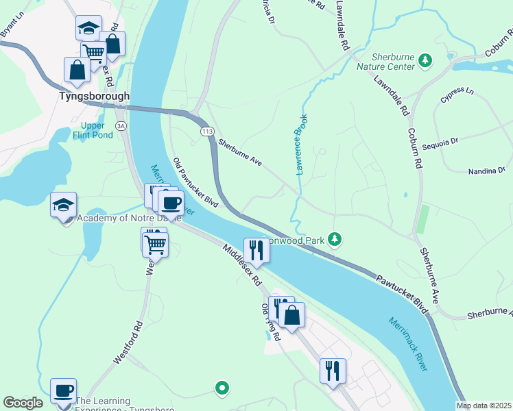 map of restaurants, bars, coffee shops, grocery stores, and more near 52 Pawtucket Boulevard in Tyngsborough