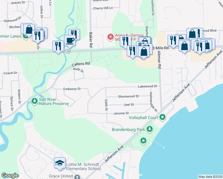 map of restaurants, bars, coffee shops, grocery stores, and more near 34244 Lakewood Drive in New Baltimore