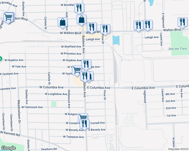 map of restaurants, bars, coffee shops, grocery stores, and more near 46 East Ypsilanti Avenue in Pontiac