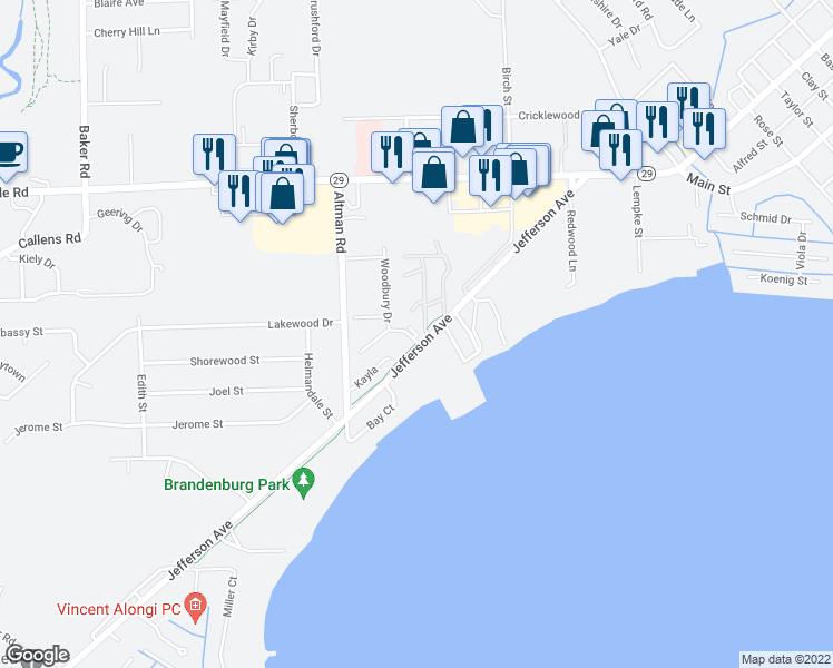 map of restaurants, bars, coffee shops, grocery stores, and more near 35155 Woodbury Drive in New Baltimore