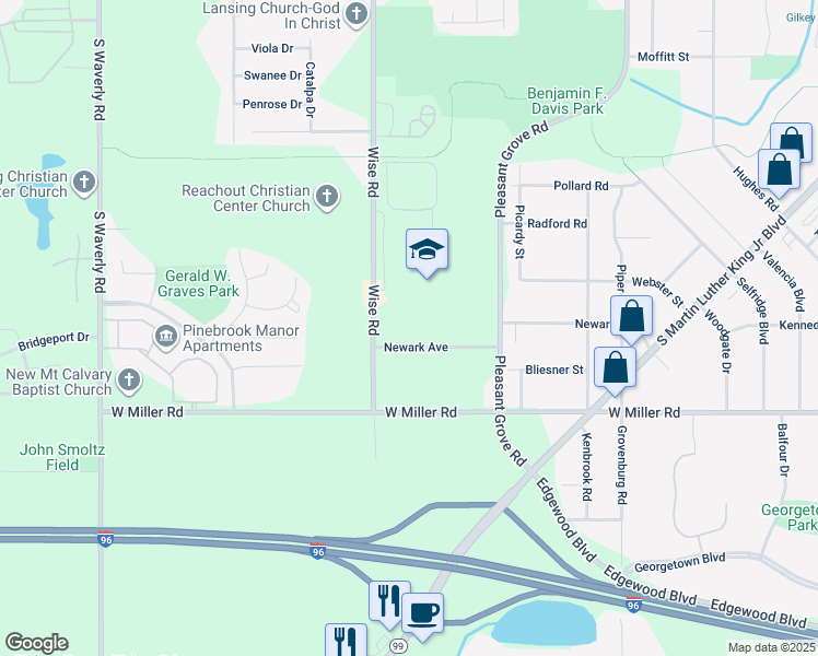 map of restaurants, bars, coffee shops, grocery stores, and more near 2924 Newark Avenue in Lansing